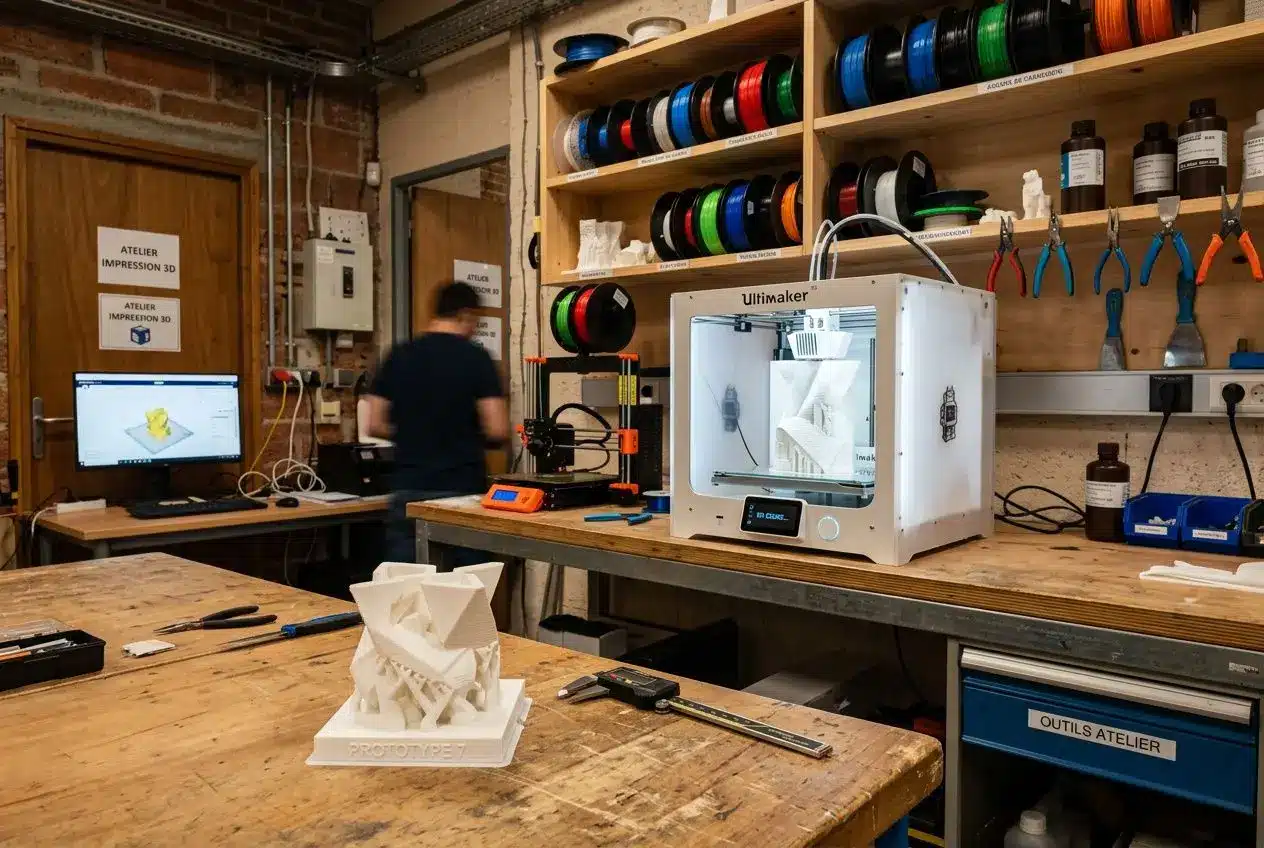 Atelier d’impression 3D avec imprimante Ultimaker et objets imprimés en cours sur le établi, racks de filaments colorés et outils. Impression 3D objet personnalisé.