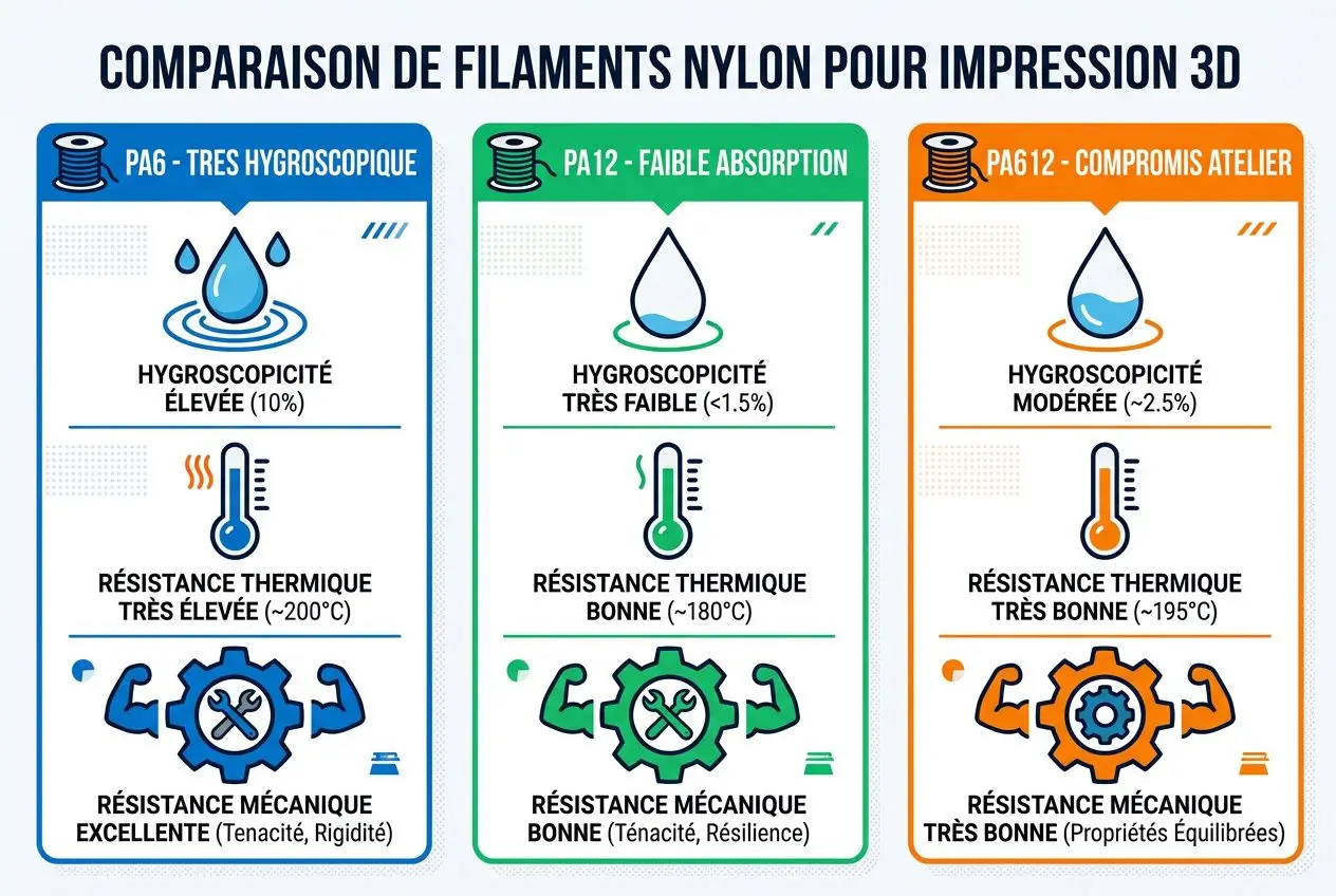 Comparaison de filaments nylon pour impression 3D montrant hygroscopicité, résistance thermique et mécanique selon PA6, PA12 et PA6/12, pour aider comment choisir filament imprimante 3d