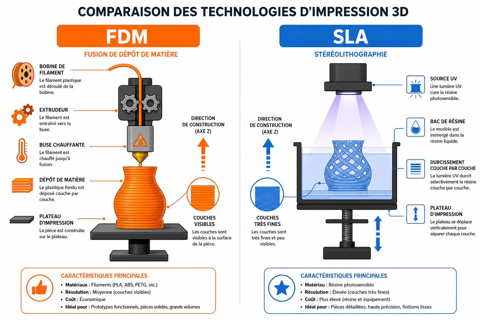 Comparaison des technologies d’impression 3D : FDM et SLA, avec détails sur filament, résine et paramètres principaux. impression 3d définition liée.
