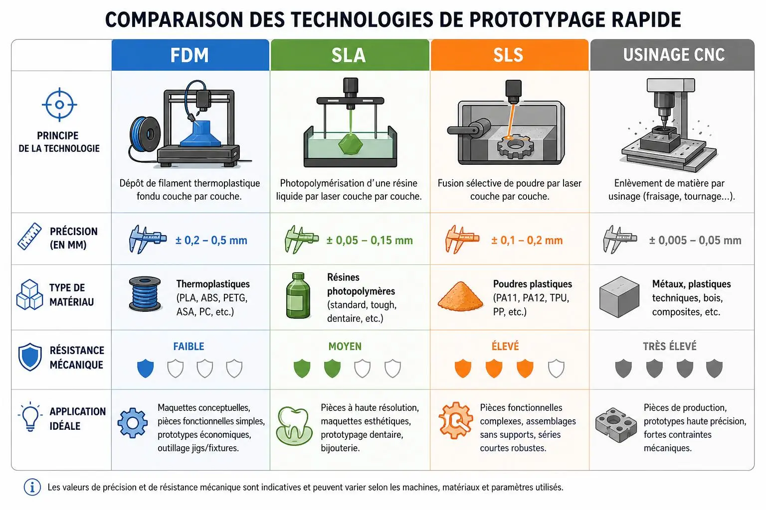 Comparaison des technologies de prototypage rapide : FDM, SLA, SLS et Usinage CNC avec précision et matériaux. Prototypage rapide France.