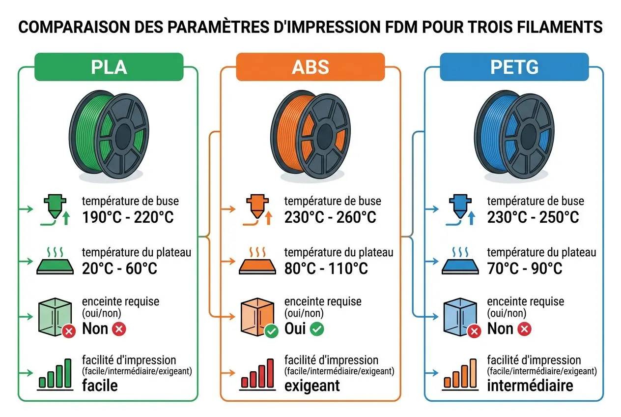 Comparatif PLA vs ABS : fiche illustrant les paramètres d’impression pour PLA et ABS avec PETG, montrant températures, faisabilité d’encre et facilité d’impression. différence entre pla et abs intégrée.