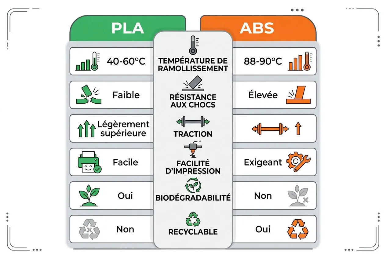 Comparatif PLA vs ABS : tableau comparant température, résistance, traction, impression, biodégradabilité et recyclabilité des matériaux PLA et ABS.