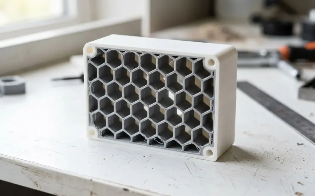 Densité de remplissage impression 3d : pièce imprimée en structure nid d’abeille hexagonal blanche sur table de travail.