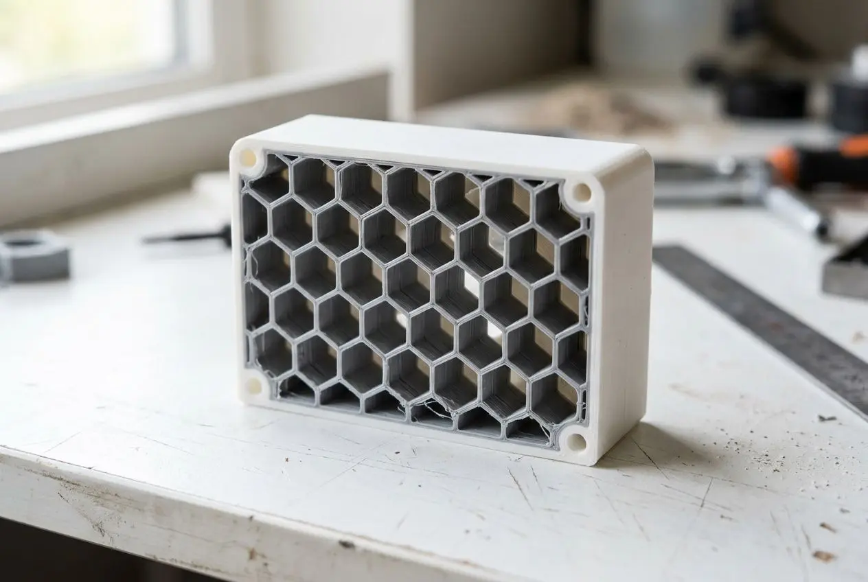 Densité de remplissage impression 3d : pièce imprimée en structure nid d’abeille hexagonal blanche sur table de travail.