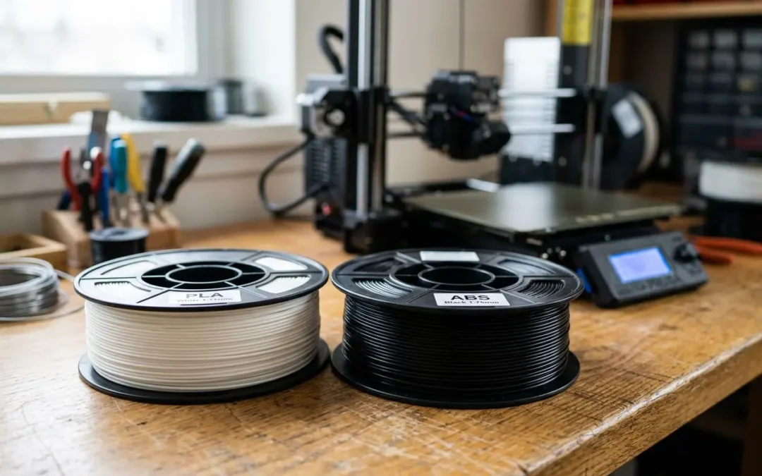 Deux bobines de filament PLA (blanc) et ABS (noir) sur une table d’imprimante 3D, prête à être utilisées pour le comparatif. difference entre pla et abs présent.