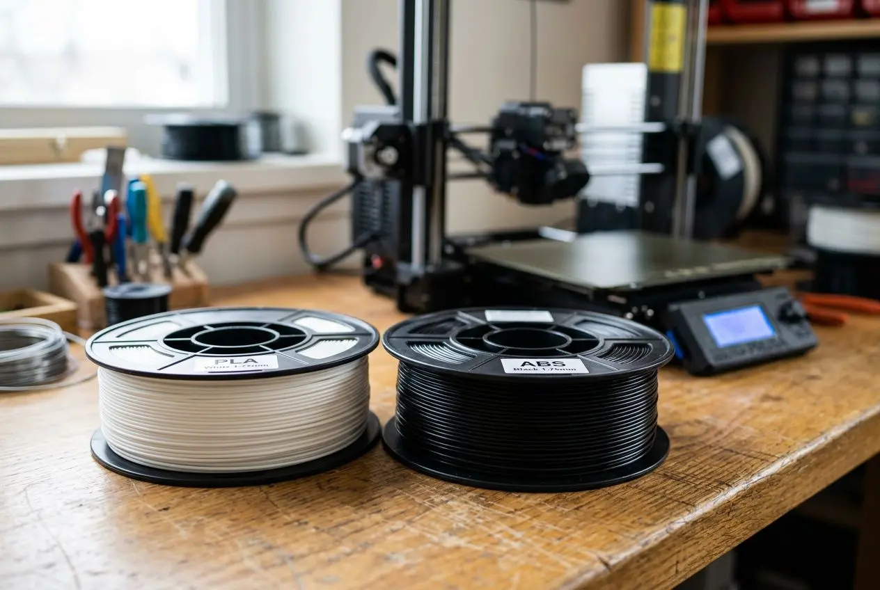 Deux bobines de filament PLA (blanc) et ABS (noir) sur une table d’imprimante 3D, prête à être utilisées pour le comparatif. difference entre pla et abs présent.