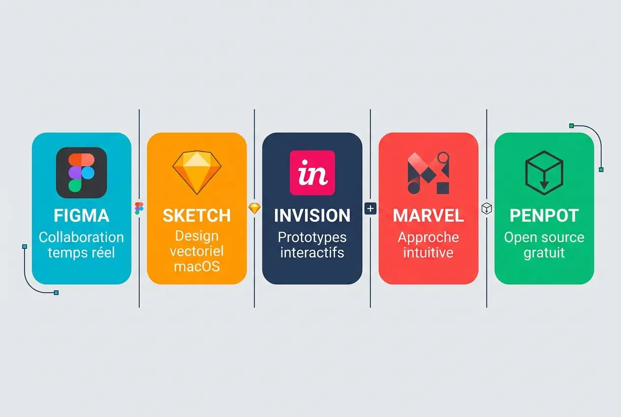 Diagramme présentant des outils de prototypage: Figma, Sketch, InVision, Marvel et Penpot, chacun avec sa spécialité. meilleur logiciel pour créer des prototypes.