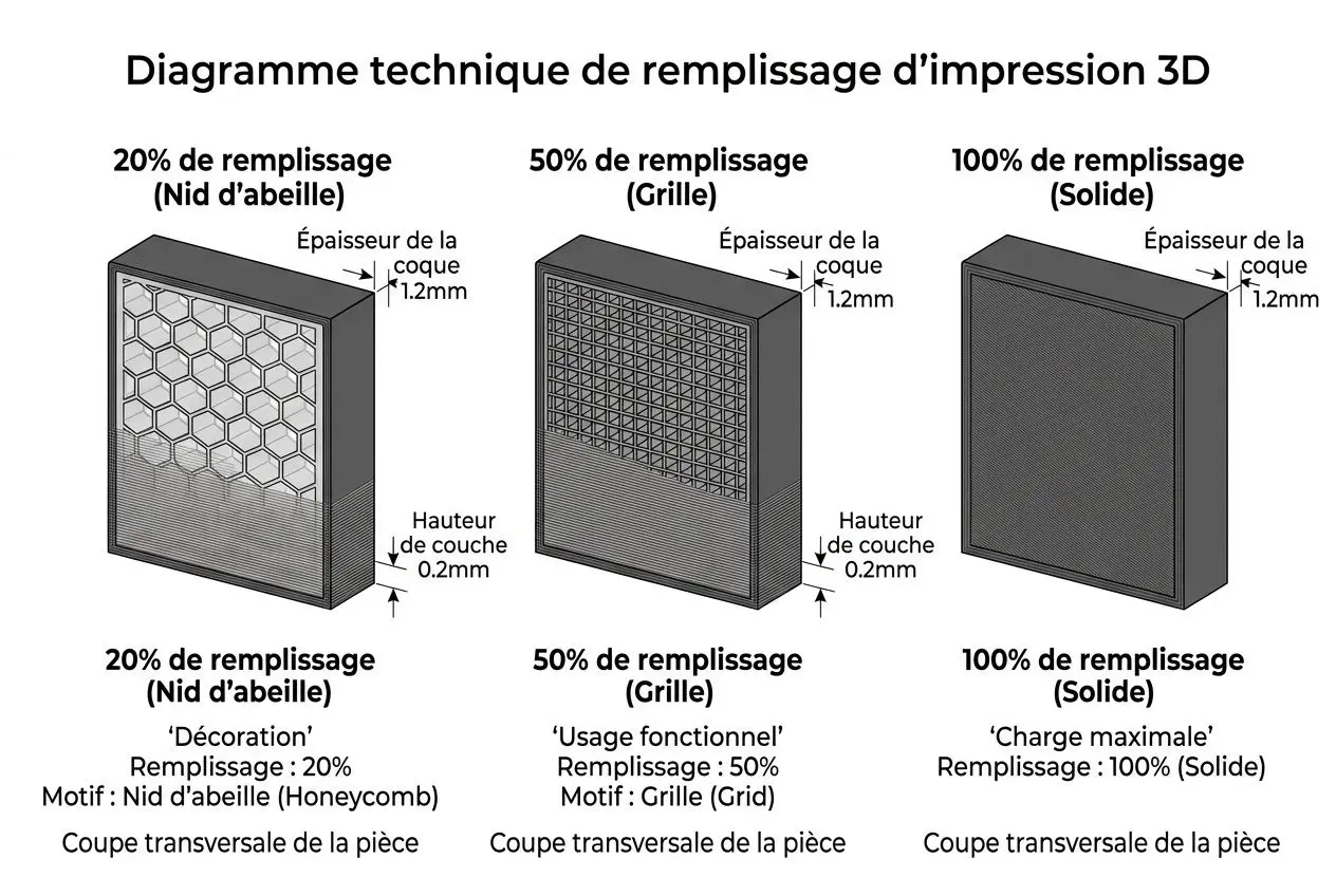 Diagramme technique de remplissage d’impression 3D illustrant 20/50/100 % (Nid d’abeille, Grille, Solide) pour résistance mécanique impression 3d et épaisseur de coque 1.2 mm.