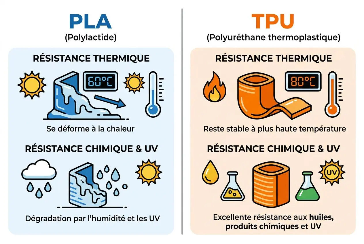 Différence entre le PLA et le TPU : comparaison visuelle des deux filaments, PLA rigide et TPU flexible avec leurs caractéristiques et usages.