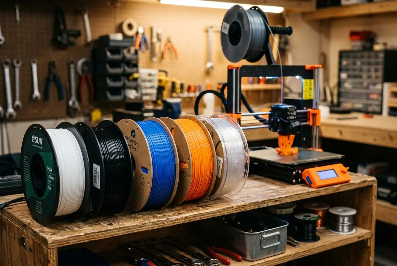 Équipements d’impression 3D: plusieurs bobines de filaments colorés et une imprimante 3D sur un établi. Texte: “comment choisir matériau impression 3d” intégré de manière naturelle.