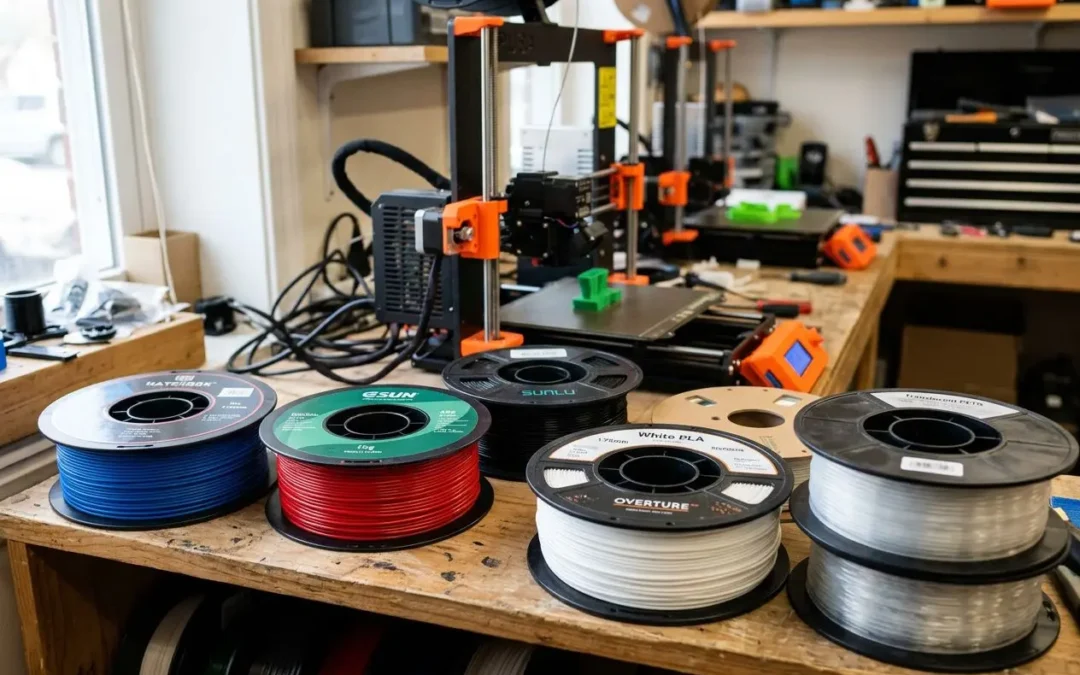Équipements et filaments d’imprimante 3D sur un établi: bobines PLA, ABS et PETG colorées près d’une imprimante 3D en bureau d’atelier.