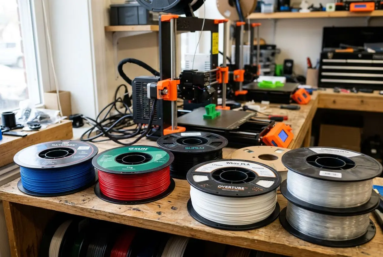 Équipements et filaments d’imprimante 3D sur un établi: bobines PLA, ABS et PETG colorées près d’une imprimante 3D en bureau d’atelier.