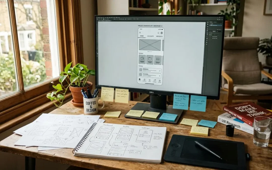 ergonomic espace de travail avec ordinateur affichant une maquette UI, carnet de wireframes et post-its pour le prototypage, illustrant le meilleur logiciel pour créer des prototypes.