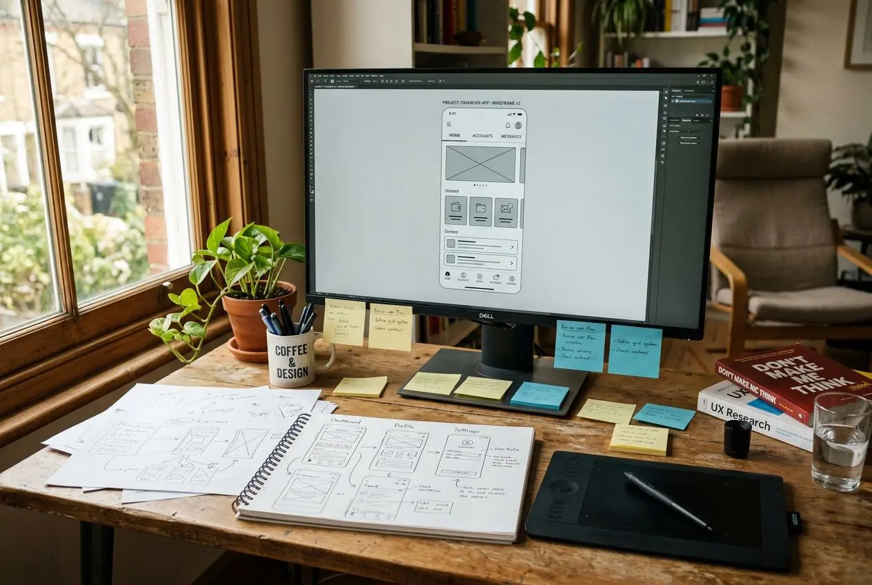 ergonomic espace de travail avec ordinateur affichant une maquette UI, carnet de wireframes et post-its pour le prototypage, illustrant le meilleur logiciel pour créer des prototypes.
