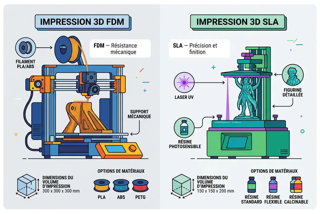 Illustration comparant impression 3D FDM vs SLA: composants, sources et options de matériaux; PLA, ABS et PETG côté FDM, résine standard/ flexible/calcinable côté SLA.