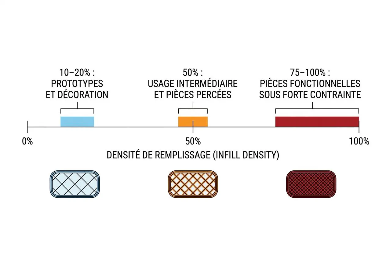 Illustration sur la densité de remplissage impression 3d avec 0–100 %, montrant prototypes, usage intermédiaire et pièces sous forte contrainte; 3 motifs (nid d’abeille, grille, solidité).