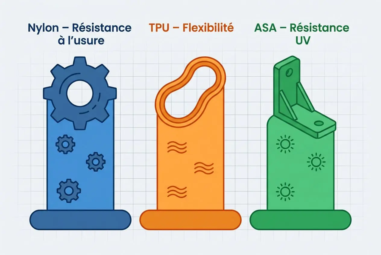 Illustration présentant trois matériaux pour impression 3D: nylon résistant à l’usure, TPU flexible et ASA résistant UV.