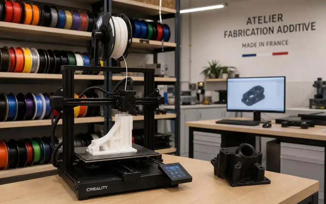 Impression 3D sur une imprimante Creality, avec filaments colorés en arrière-plan et pièces imprimées sur le plateau; ambiance atelier de prototypage rapide france.
