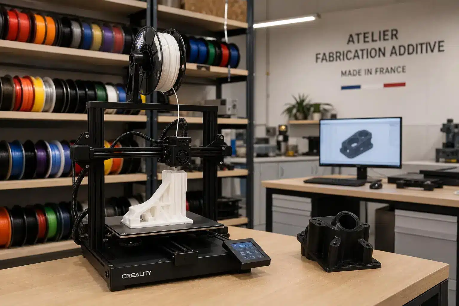 Impression 3D sur une imprimante Creality, avec filaments colorés en arrière-plan et pièces imprimées sur le plateau; ambiance atelier de prototypage rapide france.