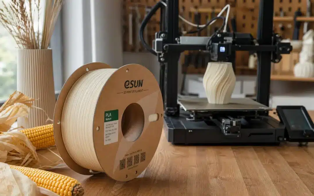 Impression 3d matériaux biosourcés : bobine de PLA biosourcé sur table avec imprimante 3D en fonctionnement et épis de maïs à côté.