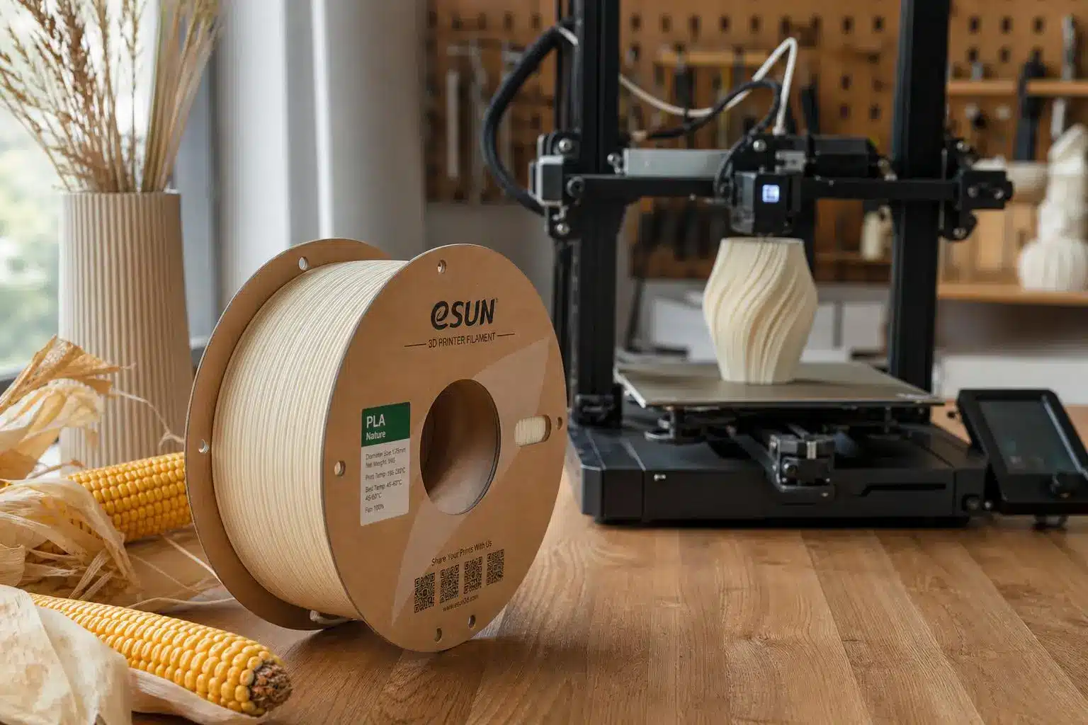 Impression 3d matériaux biosourcés : bobine de PLA biosourcé sur table avec imprimante 3D en fonctionnement et épis de maïs à côté.