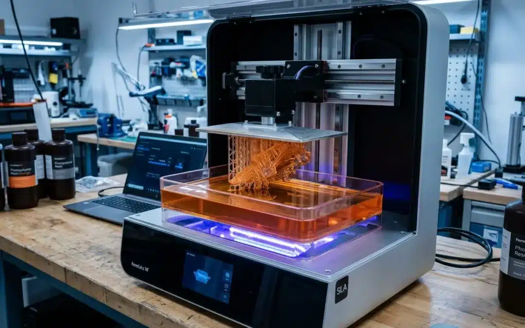 Impression résine SLA en cours : une imprimante 3D stereolitho engravée avec résine orange dans le bac, éclairage UV et bureau de laboratoire.