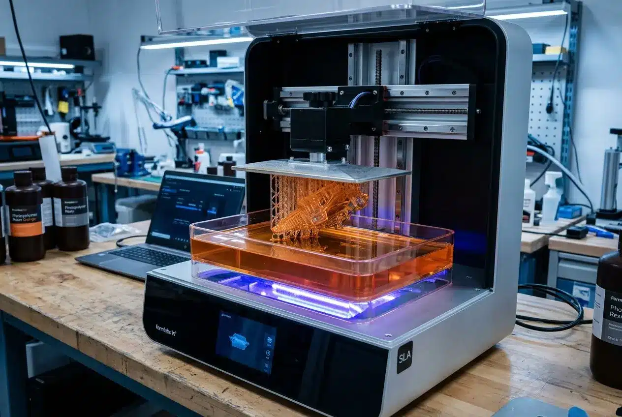 Impression résine SLA en cours : une imprimante 3D stereolitho engravée avec résine orange dans le bac, éclairage UV et bureau de laboratoire.