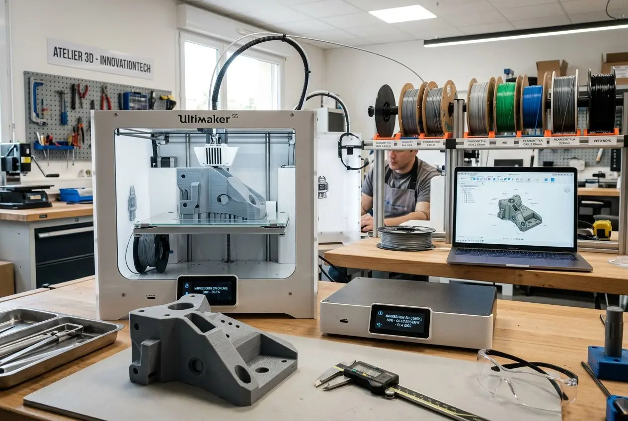 Imprimante 3D Ultimaker en atelier, avec pièce prototypes en cours et écran affichant un modèle; outils et bobines de filament en arrière-plan. Prototypage pièces techniques 3d.