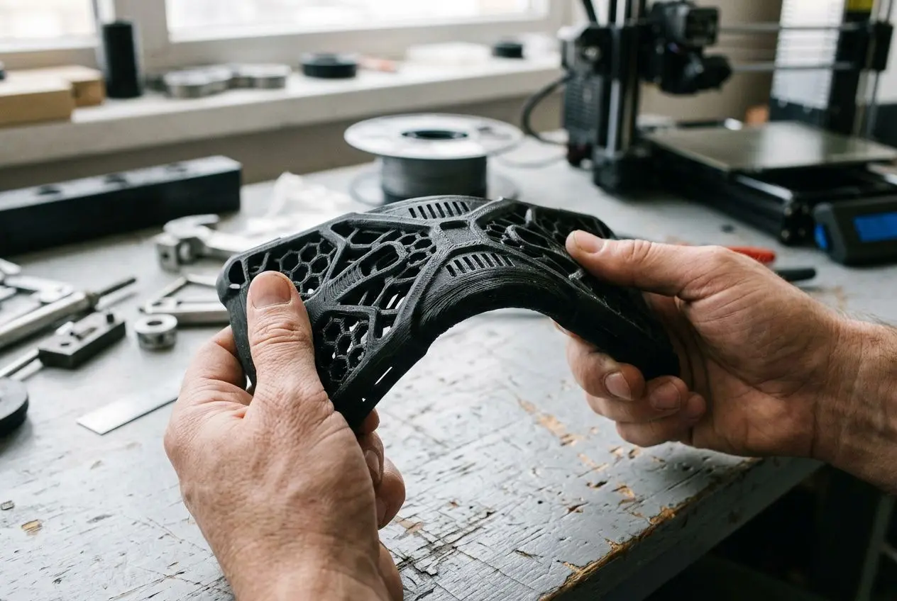 Personne tenant une pièce imprimée en 3D noire complexe, démontrant la précision d’un objet imprimable en filament imprimante 3d.