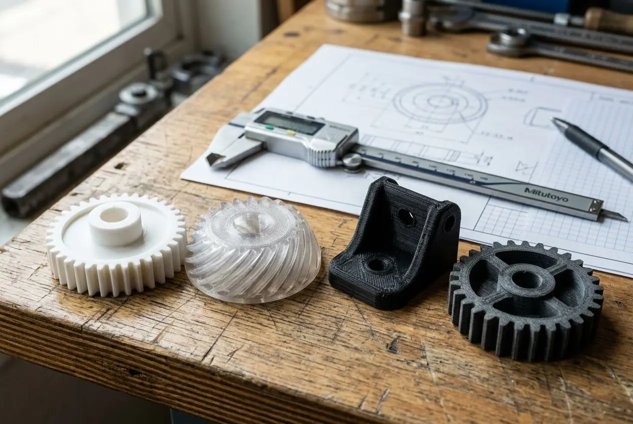 Pièces imprimées en 3D sur un établi: engrenages en plastique, calage noir et pièce avec support, plan et pied à coulisse en arrière-plan. Résistance mécanique impression 3d à l'honneur.