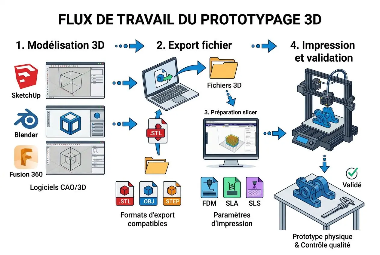 Processus de prototypage 3D illustré: de la modélisation 3D (SketchUp, Blender, Fusion 360) à l’export fichier, préparation et impression, jusqu’au prototype physique et contrôle qualité. Meilleur logiciel pour créer des prototypes.