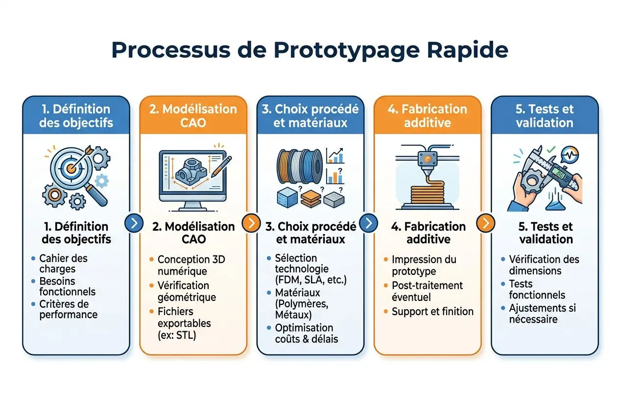 Processus de prototypage rapide illustrant les étapes: définition des objectifs, modélisation CAO, choix procédés et matériaux, fabrication et tests. Prototypage pièces techniques 3d.