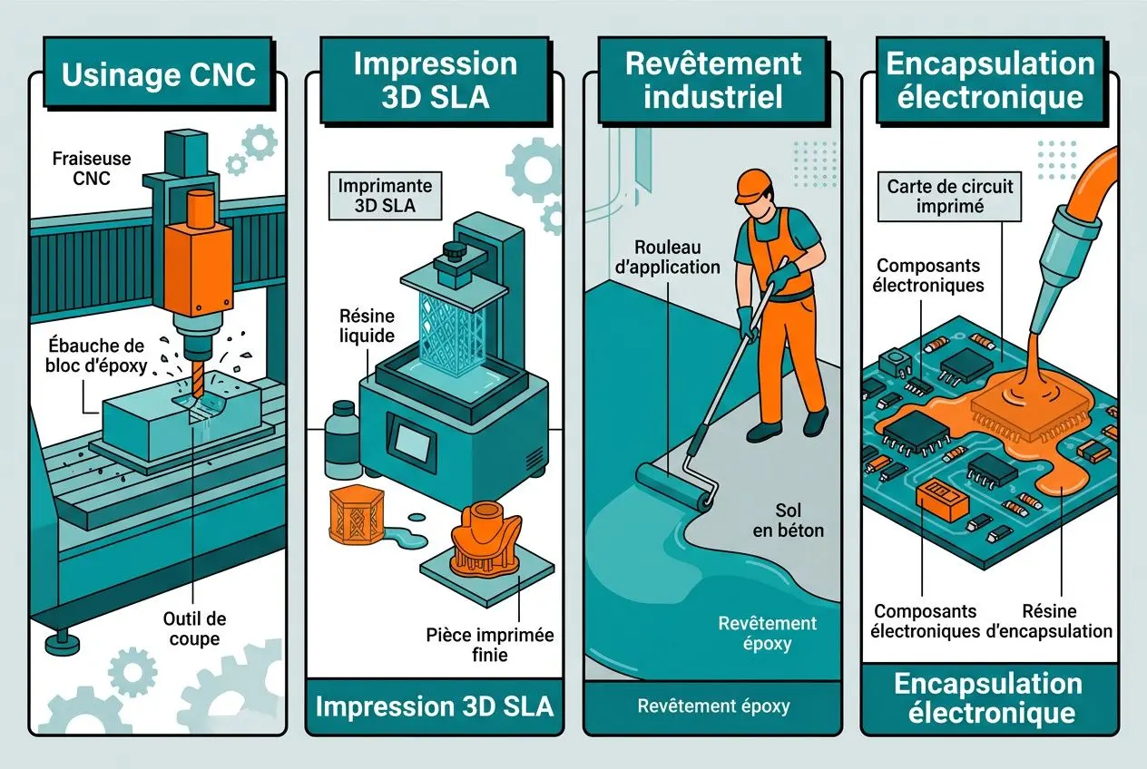 Quatre volets illustrés sur les pièces techniques résine technique: usinage CNC, impression 3D SLA, revêtement industriel et encapsulation électronique, avec outils et composants en couleur turquoise et orange.
