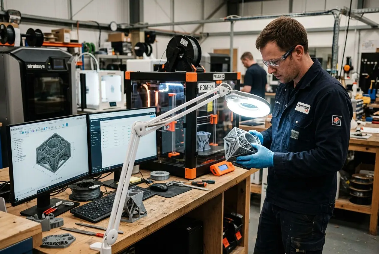 Agent travaillant en atelier d’impression 3D avec une lampe et un scan 3D, vérifiant une pièce en cours de contrôle qualité. impression 3d contrôle qualité intégré.