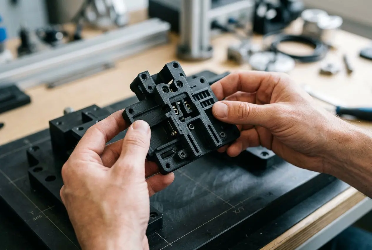 Deux mains tenant une pièce d’un prototype fonctionnel en impression ou assemblage, sur un établi de travail.