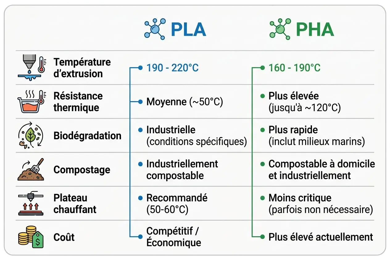 Diagramme comparatif des filaments 3d biodégradables (PLA et PHA) avec températures, durabilité, compostage et coût.