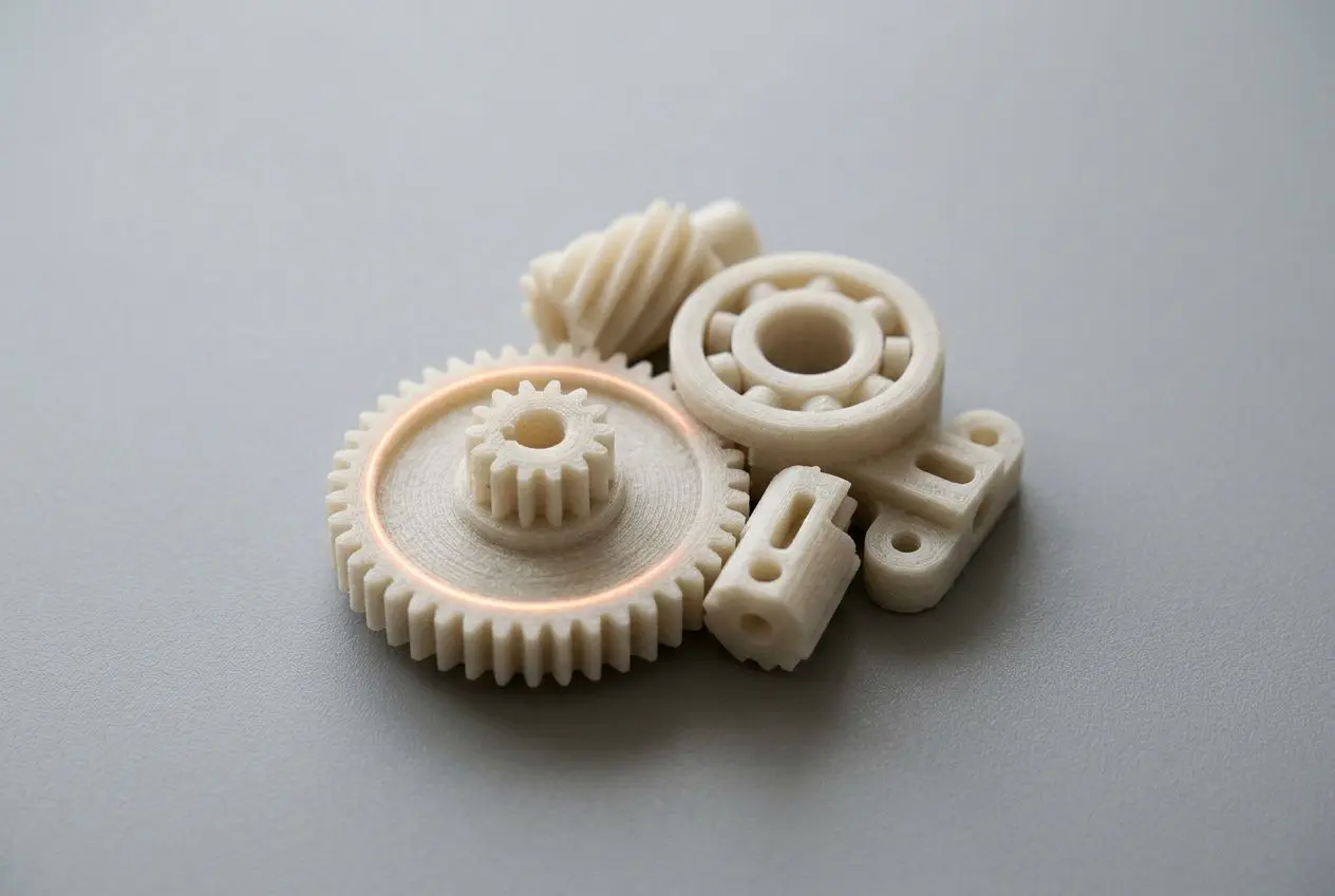 Groupe de pièces imprimées en nylon, engrenages et pièces techniques montrant des détails de mécanique 3D