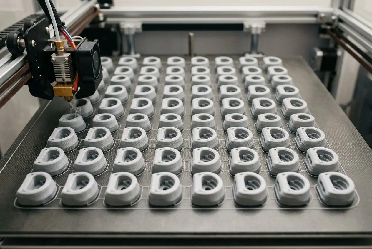 Impression 3d grande série: pièces en série sur plateau, imprimées en gris avec une imprimante 3D industrielle et un processus automatisé.