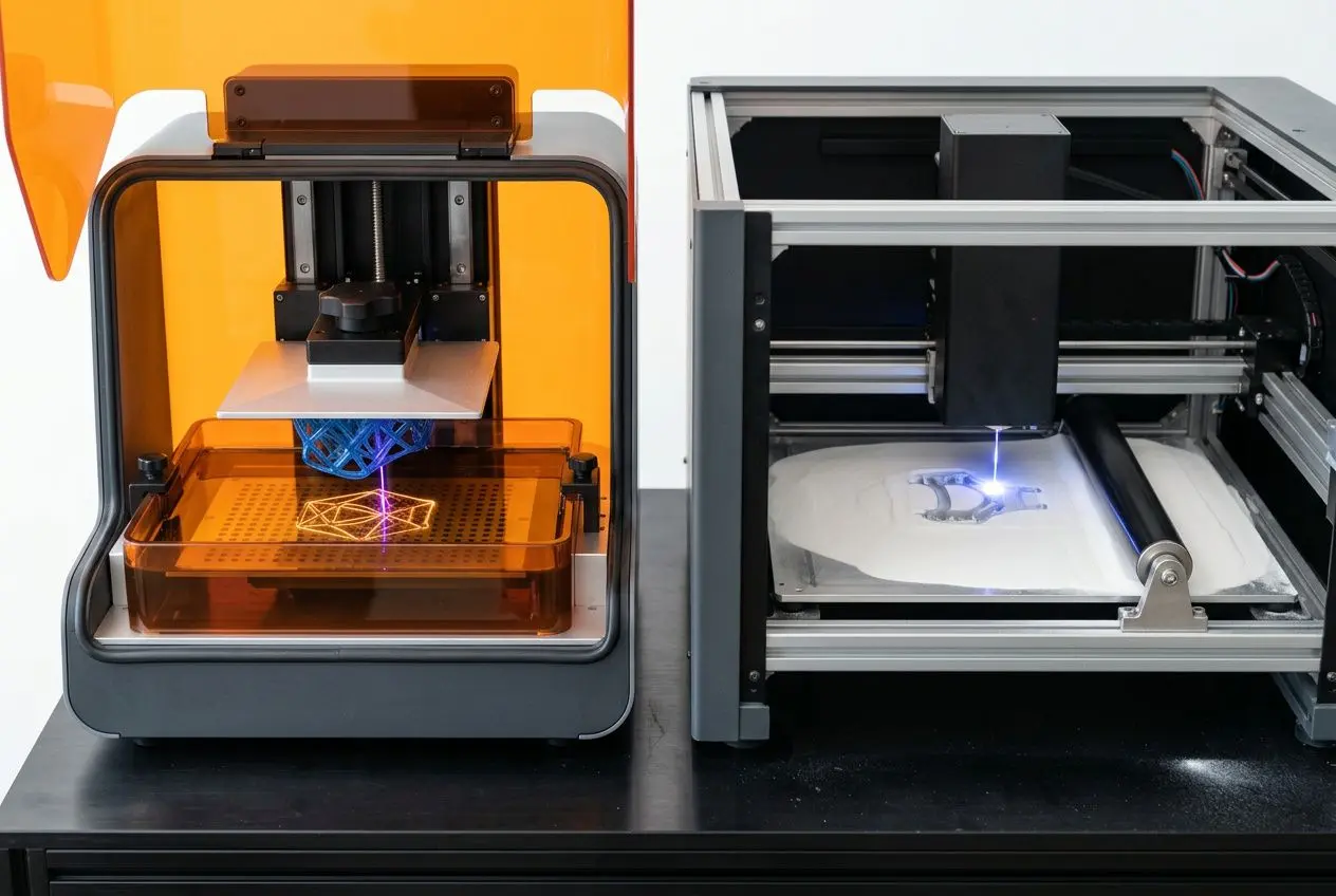 Impression 3D : une machine SLS à gauche et une SLA à droite, montrant respectivement une plateforme et un lit d’impression avec laser et mélange de matériel.