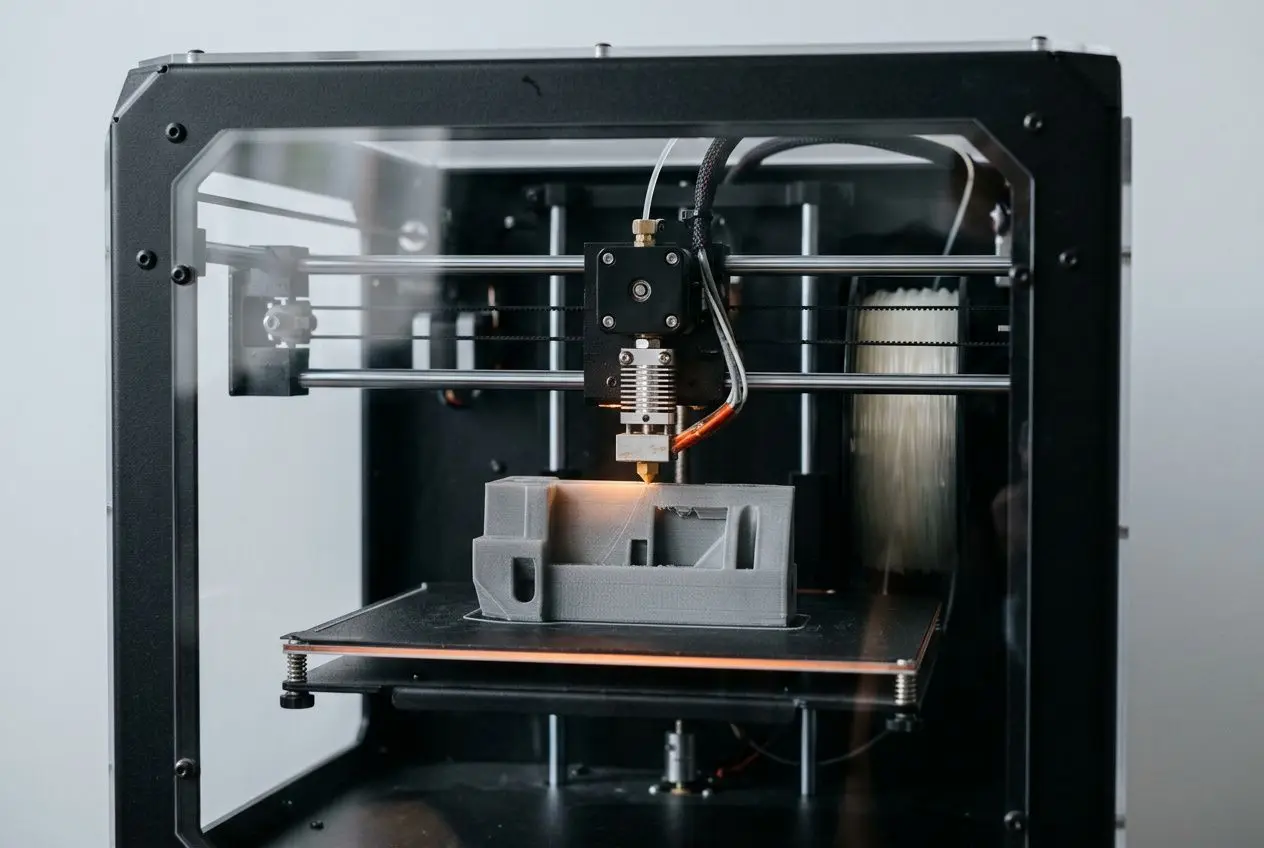 Imprimante 3D en action: tête d’extrusion déposant une pièce en nylon sur le plateau de construction.