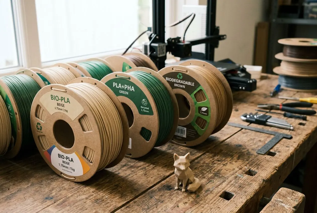 Rouleaux de filaments 3d biodégradables sur une table, dont BIO-PLA et PLA+PHA, prêt à être utilisés pour l’impression 3D.
