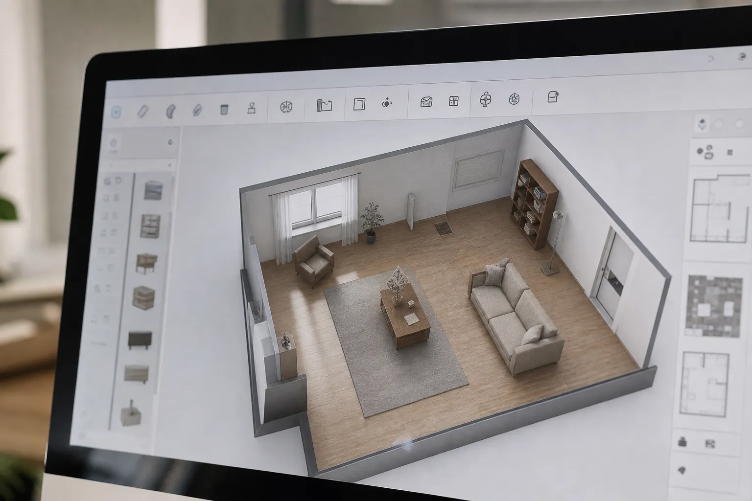 Capture d’écran d’un logiciel d’aménagement 3D affichant un plan intérieur 3D d’un salon meublé avec canapé, fauteuils et table basse. meilleur logiciel d'aménagement 3d intégré naturellement.