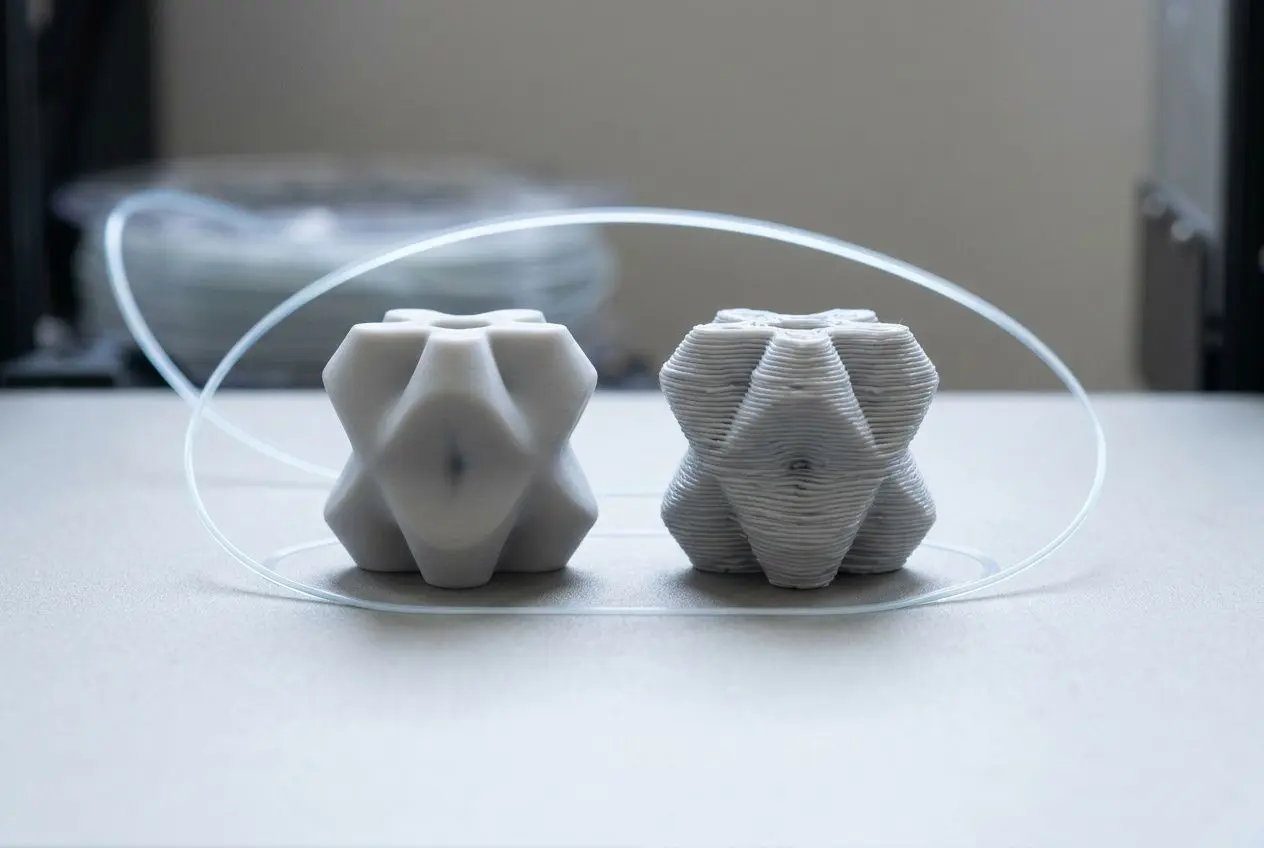 Deux objets imprimés en 3D côte à côte sur une table, entourés par des filaments souples; l’un est lisse et l’autre montre des couches visibles sous forme de motif géométrique. Estimer temps d'impression 3d.