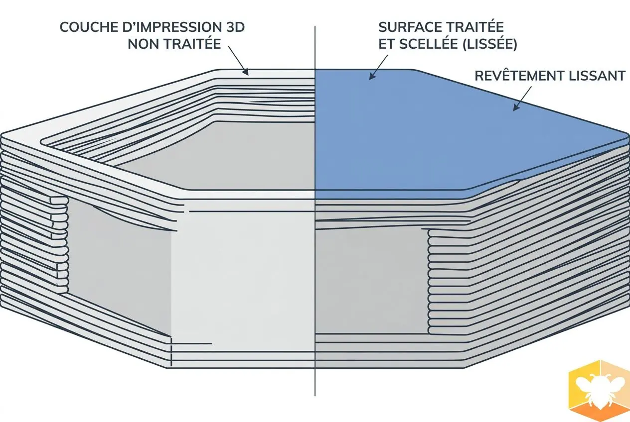 Impression 3D qualité alimentaire : plaque montrant couche non traitée et surface traitée et lissée, revêtement brillant et alimentaire sûr.