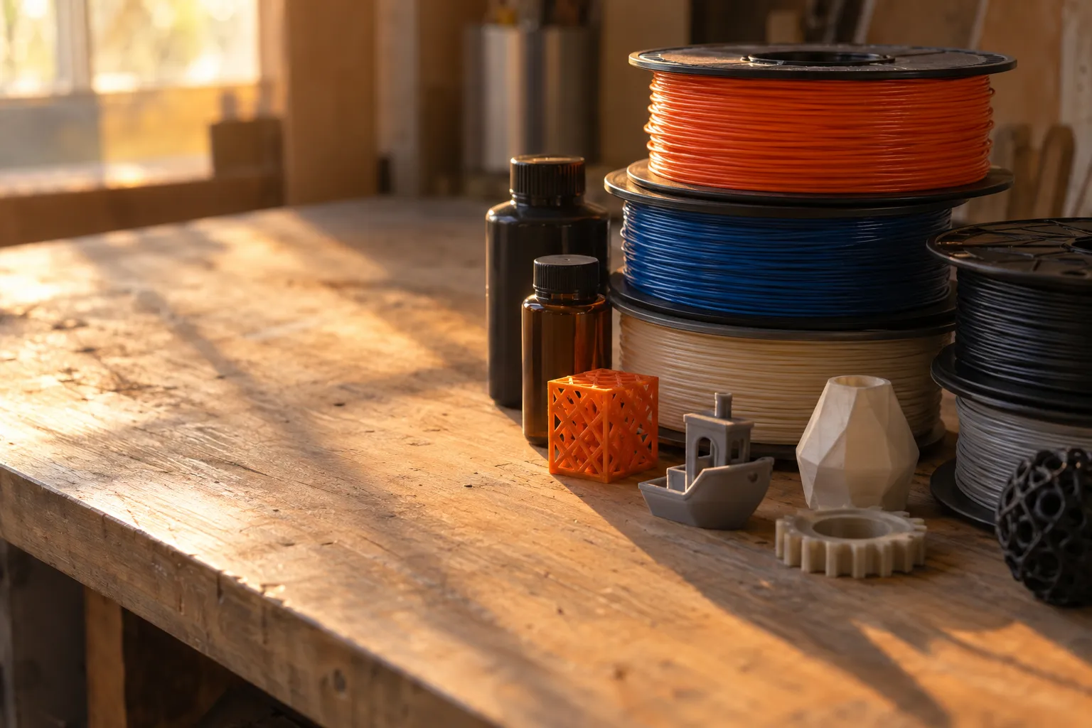 Objets imprimés en 3D et fils de couleur empilés sur une table en bois.