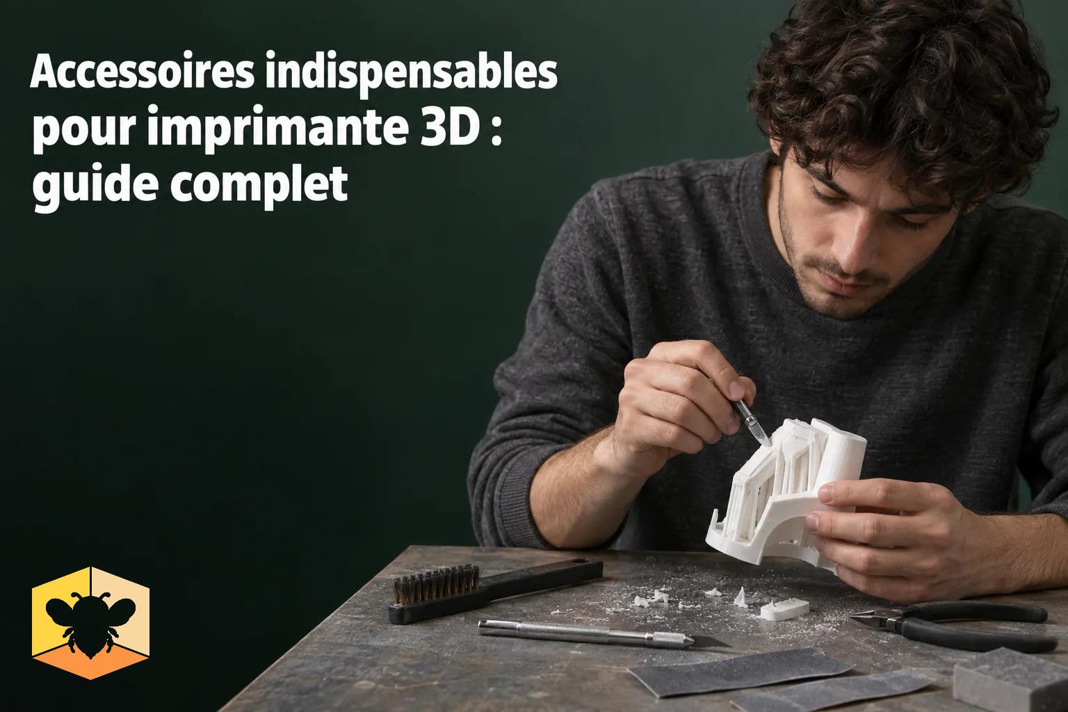 Personne bricolant une pièce imprimée en 3D sur une table, outils et filaments visibles, accessoire impression 3d en cours d’assemblage.