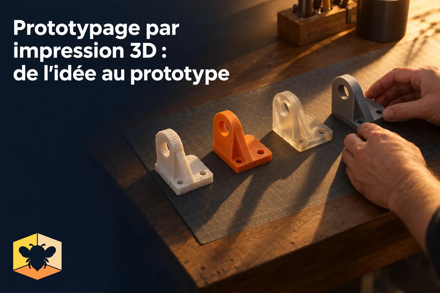 Quatre prototypes imprimés en 3D de différentes couleurs alignés sur une plaque de travail, avec une main ajustant l’un