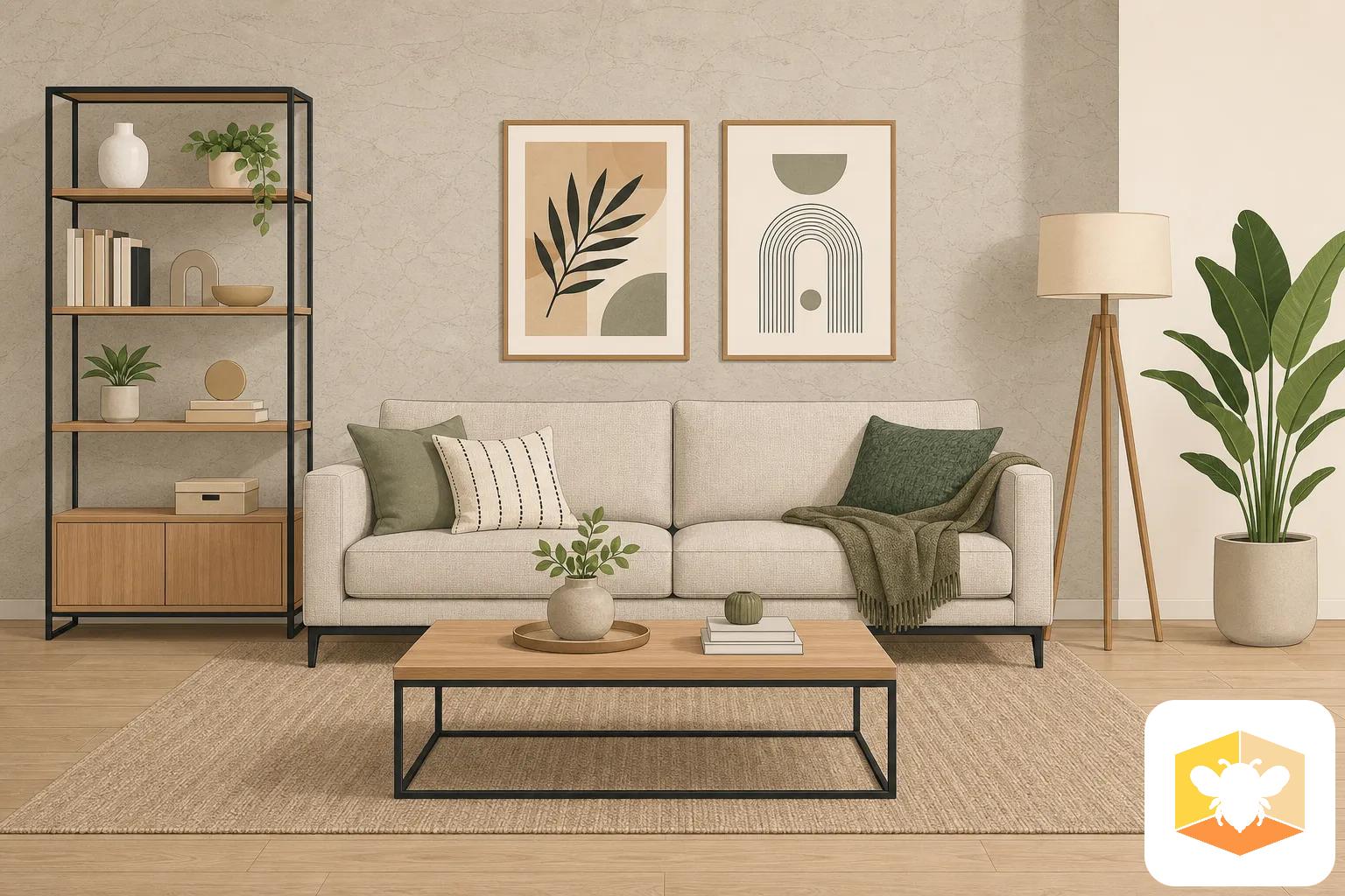 Salon moderne avec canapés beige, table basse bois et étagère, plantes et cadres décoratifs, meilleur logiciel d'aménagement 3d?