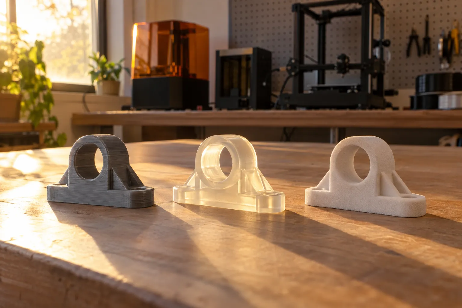 Trois supports imprimés en 3D alignés sur une table, variant en matériau et transparence depuis l’arrière-plan industriel.
