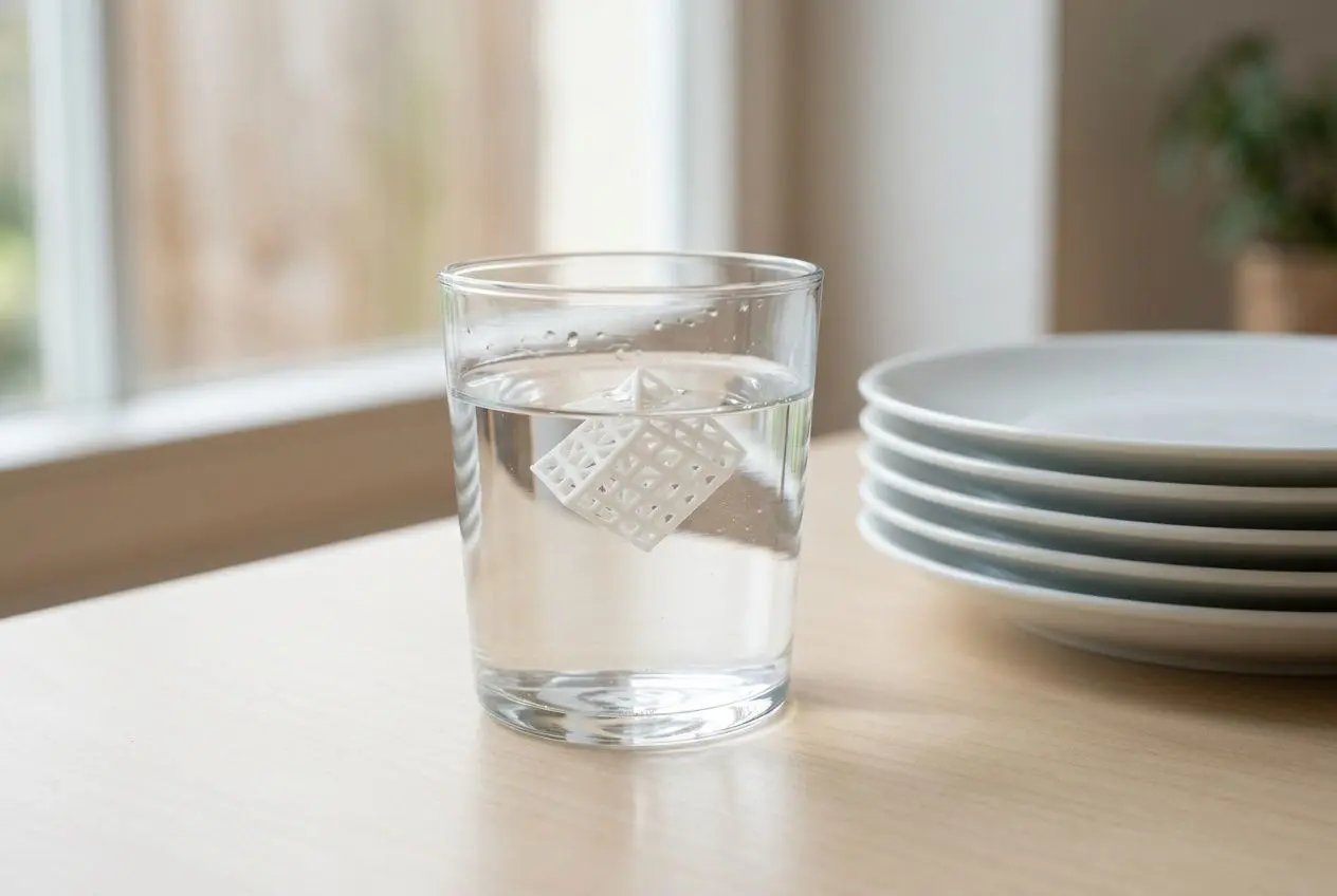 Verre d’eau sur table avec petit objet imprimé en 3D flottant à l’intérieur, assiettes empilées en arrière-plan. Impression 3D qualité alimentaire intégrée naturellement.